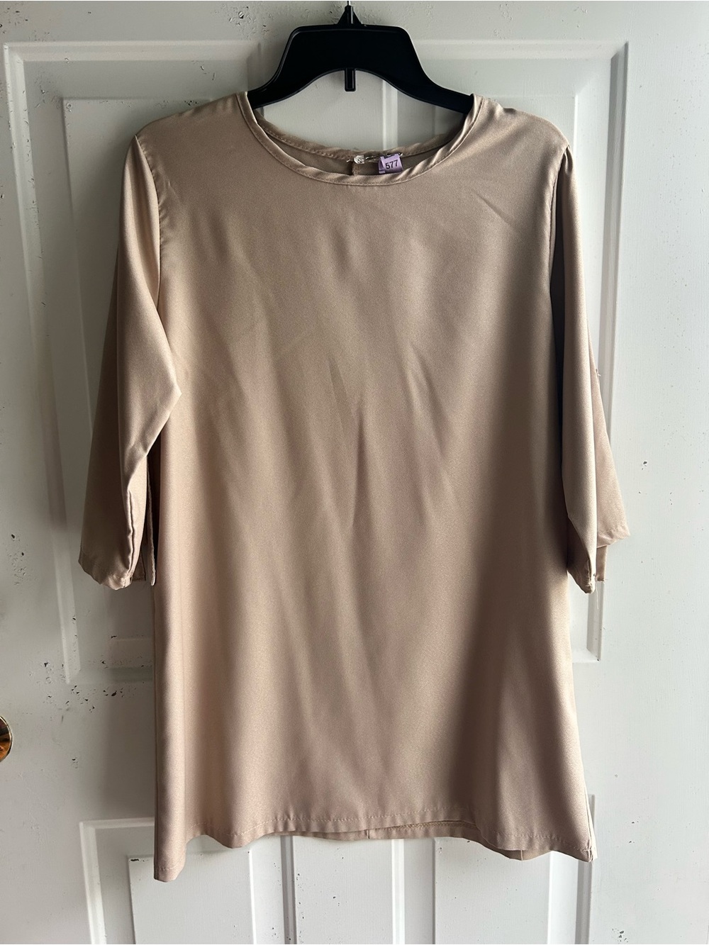 Women's Mini Dress in Neutral Beige champagne - Classic Round Neck, size Small